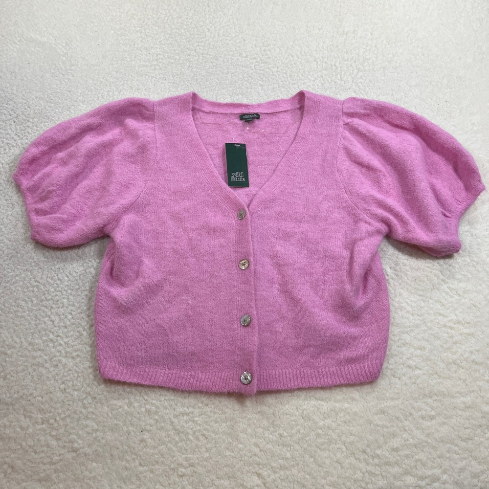 Wild Fable Cardigan Women Large Rose Pink Puff Sleeve Cropped Fuzzy Button Front
